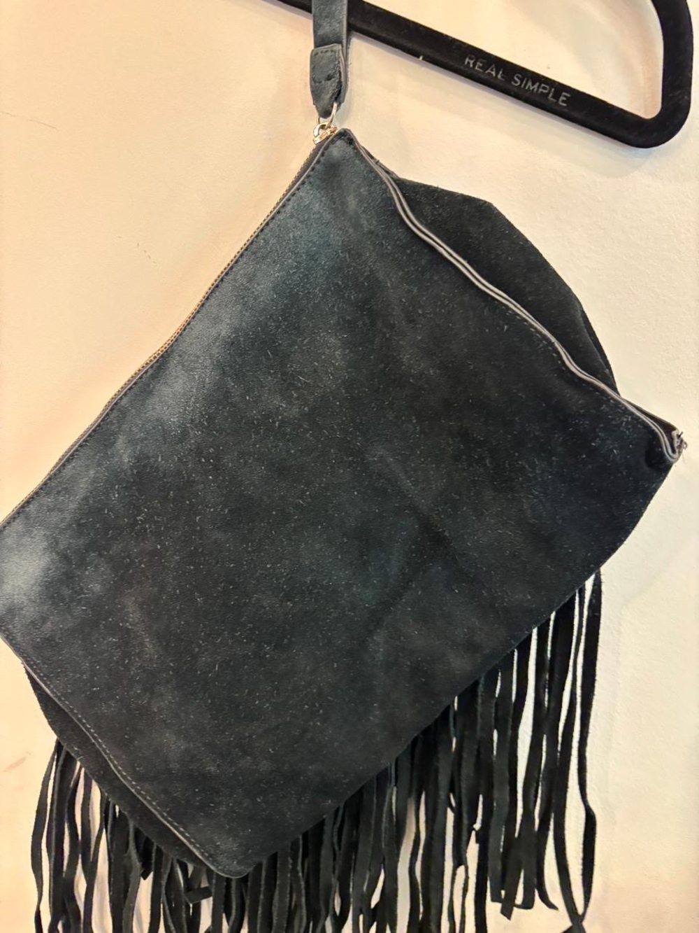 Forever 21 Black Suede Fringe Clutch Wristlet Boho Western Bag #O23 - Picture 3 of 6